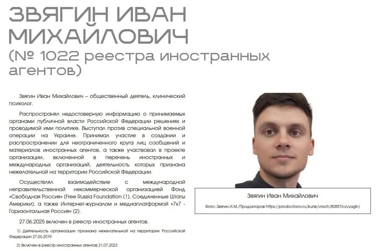 Иван Звягин обратился в суд с требованием защитить честь и профессию после размещения на сайте Министерства юстиции раздела с так называемой «выставкой» иностранных агентов.